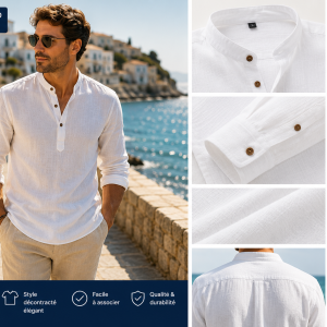 Chemise en lin col montant boutonné homme