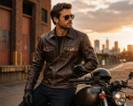 Veste de moto vintage en cuir PU pour homme portée près d’une moto au coucher du soleil