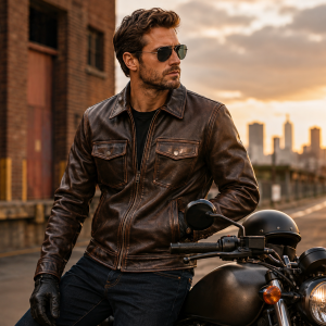 Veste de moto vintage en cuir PU pour homme portée près d’une moto au coucher du soleil