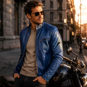 Veste homme cuir PU bleue style motard col montant