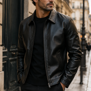 Veste homme en faux cuir lavable à col rabattu zippée