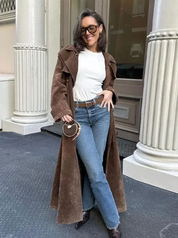 Trench Long marron ceinture en cuir