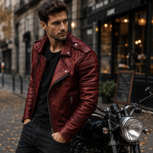 Veste homme cuir PU rouge style motard zippée