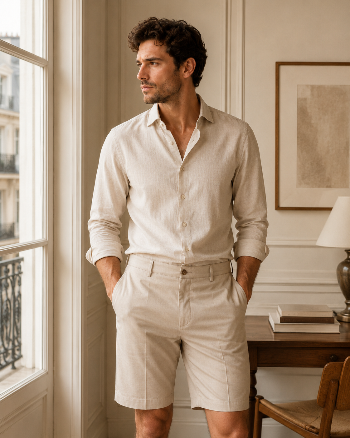 ChatGPT Image 30 juil. 2026, 21_11_08 Homme élégant portant un bermuda beige et une chemise claire dans un intérieur parisien lumineux.
