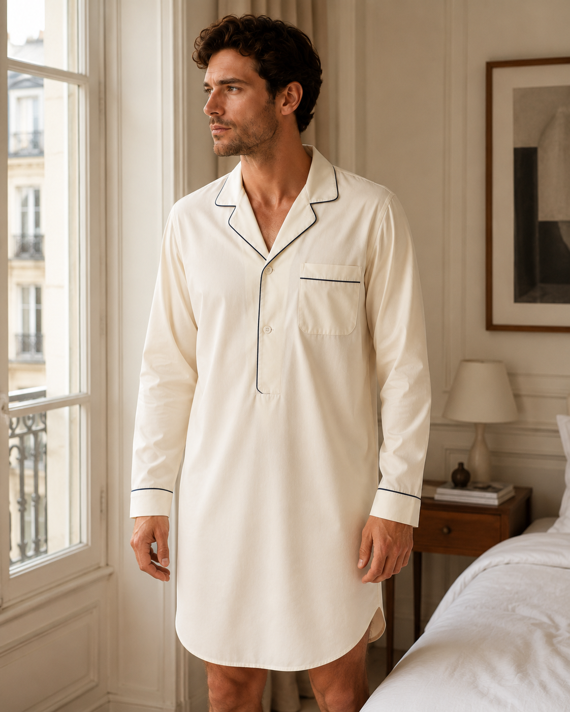 ChatGPT Image 30 juil. 2026, 21_31_26 Homme élégant portant une chemise de nuit ivoire dans une chambre parisienne lumineuse.