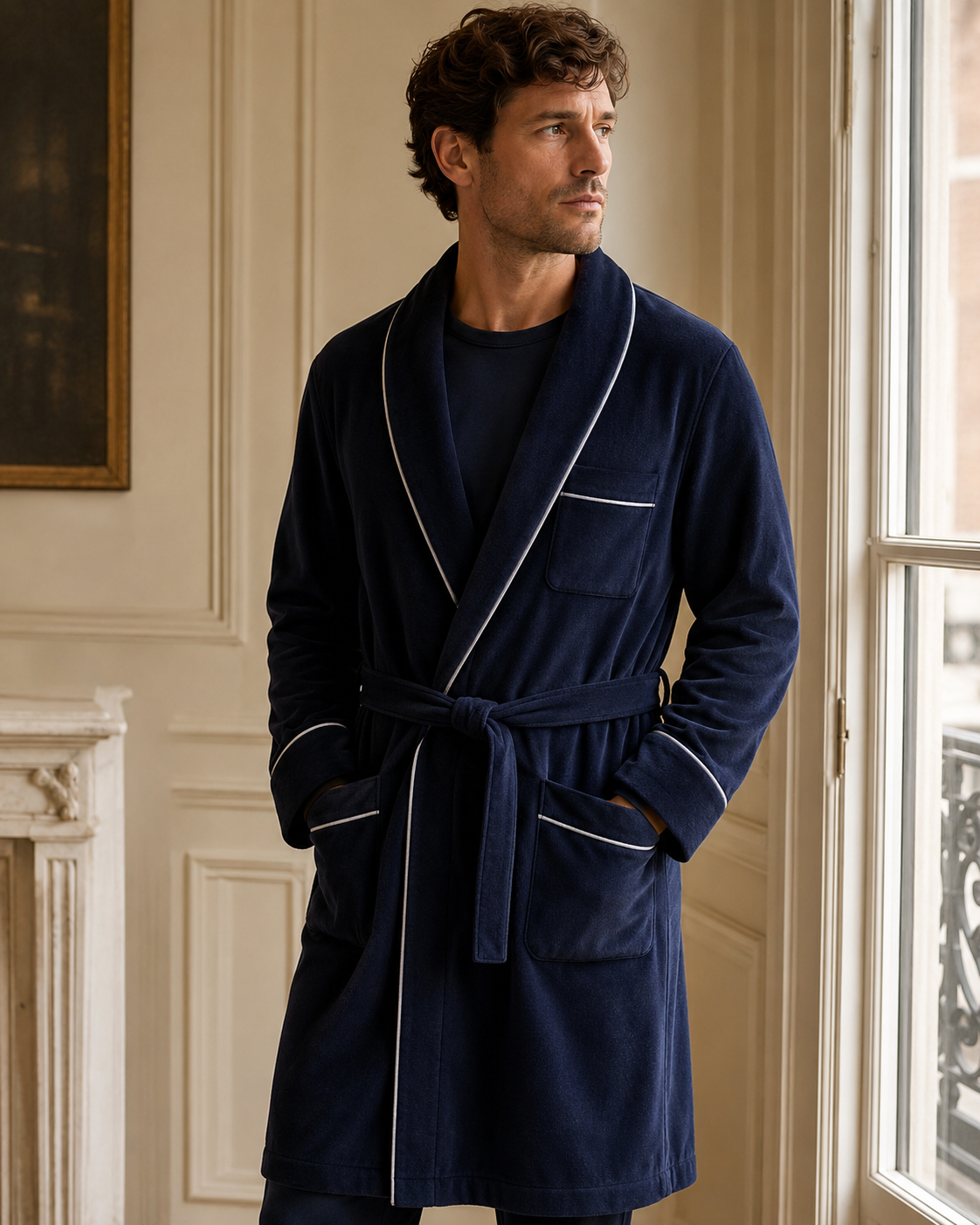 Robes de chambre Homme Homme élégant en robe de chambre bleue dans un intérieur parisien lumineux.