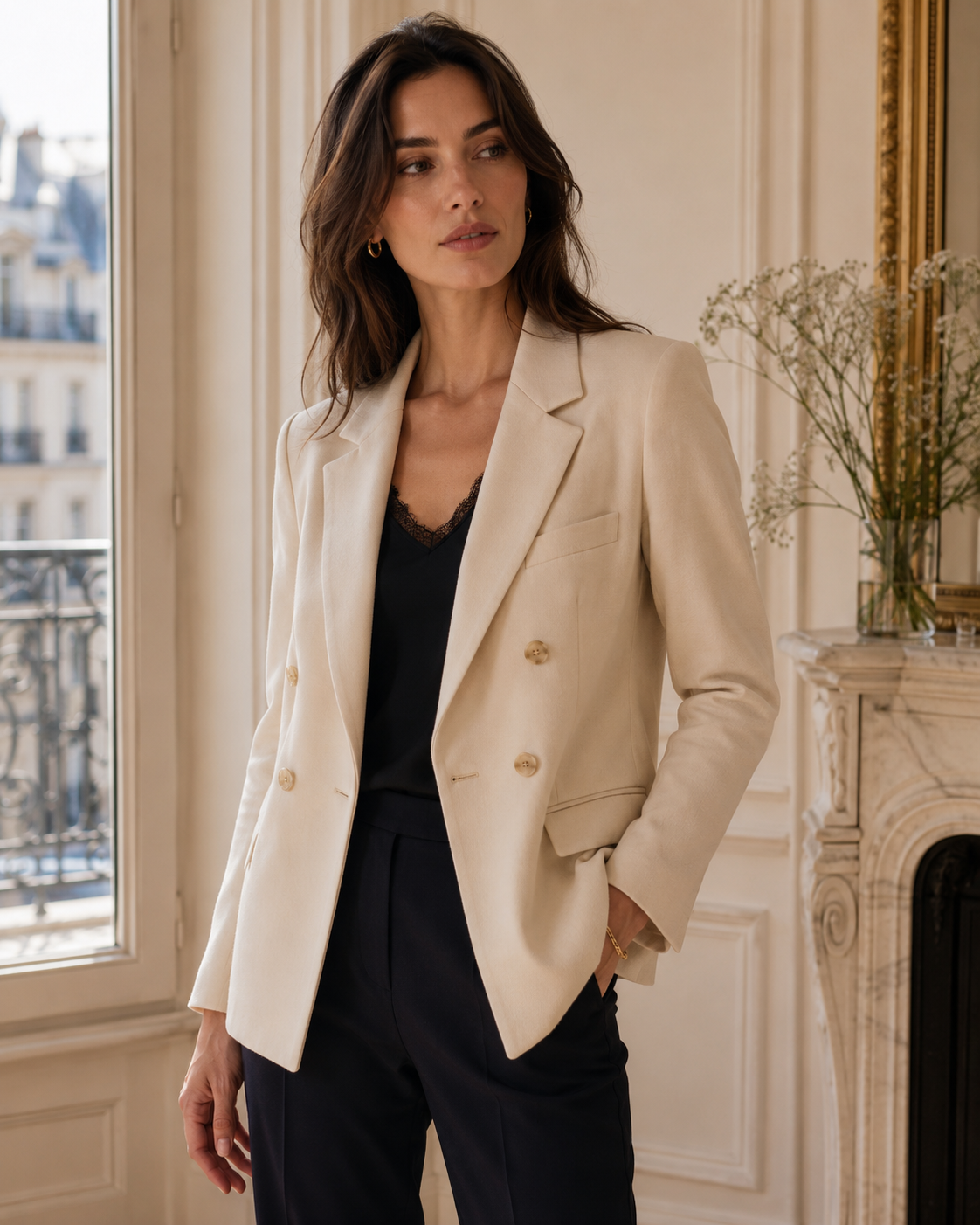 Vestes Femme Femme élégante portant une veste ivoire dans un intérieur parisien lumineux.