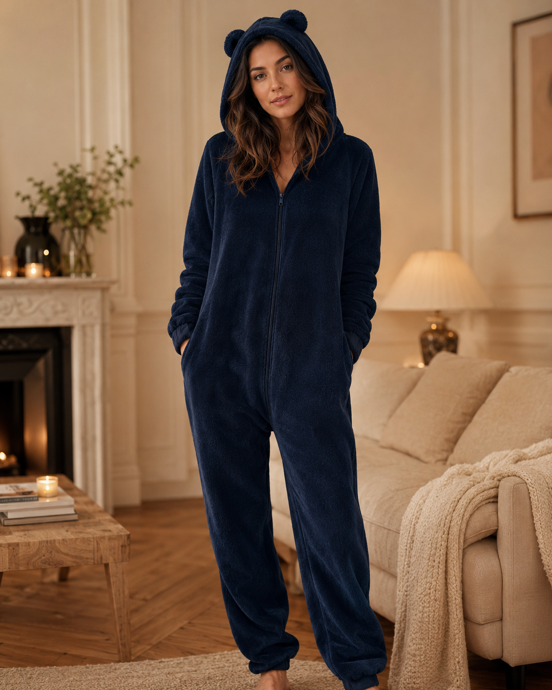 Combinaison Pyjama Femme bleu marine Femme portant une combinaison pyjama bleu marine dans un intérieur chaleureux