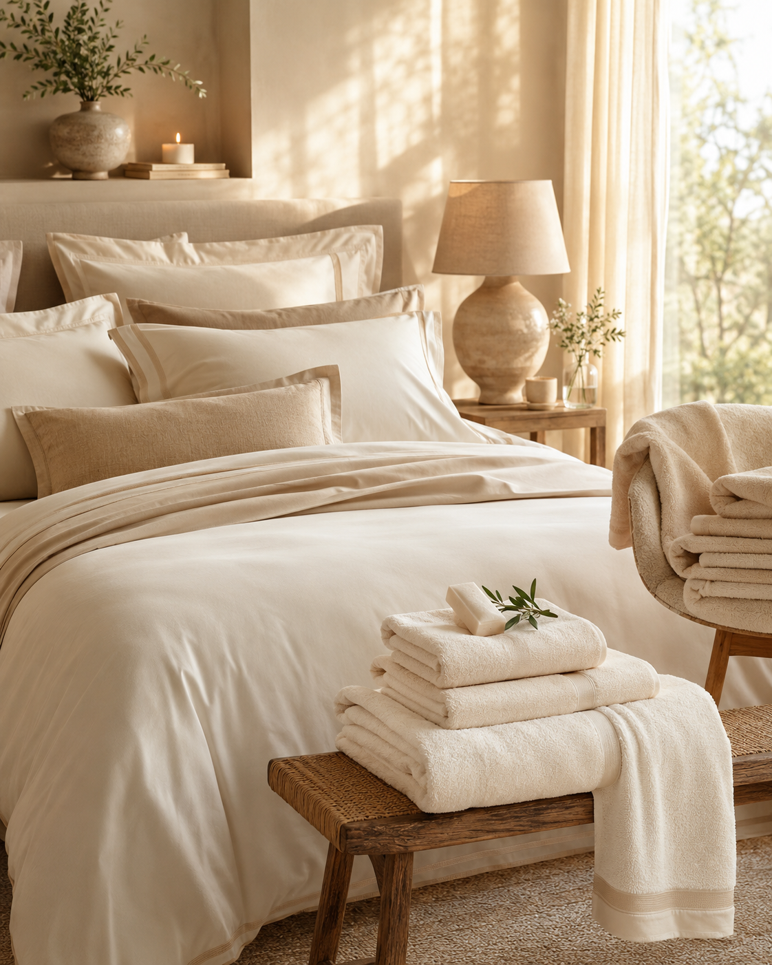 Linge de maison ivoire avec oreillers et serviettes Chambre élégante avec oreillers, taies d’oreiller et serviettes de bain ivoire soigneusement disposés dans une ambiance lumineuse et raffinée.