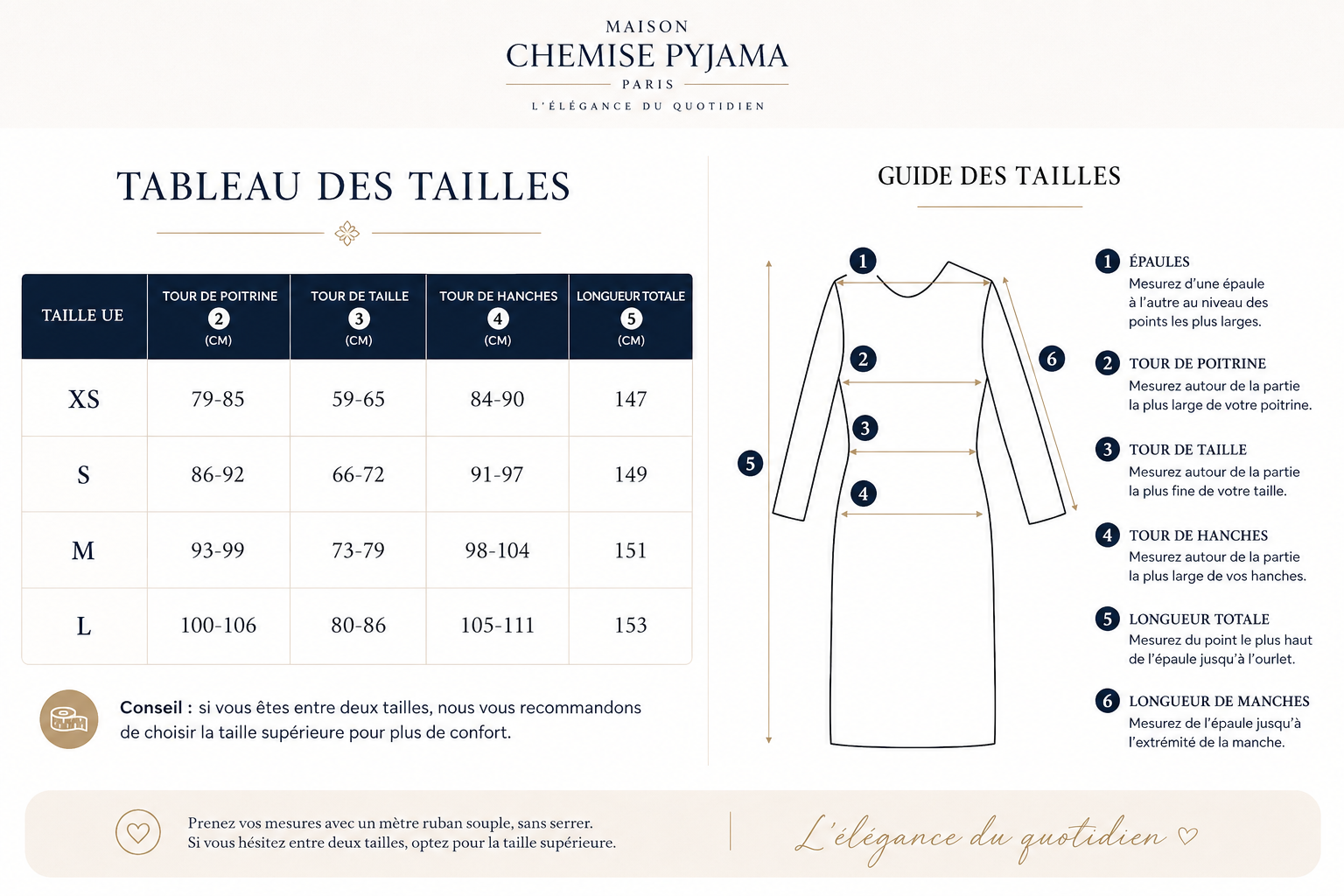 Tableau des tailles de la robe longue asymétrique