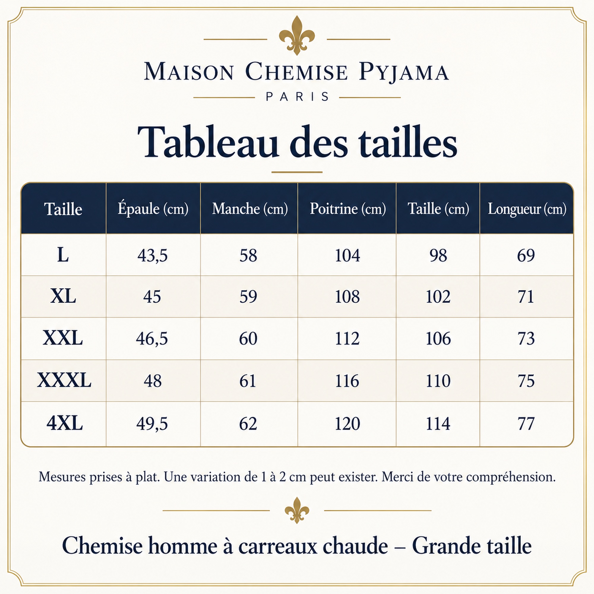 Tableau des tailles chemise homme à carreaux chaude grande taille, du L au 4XL
