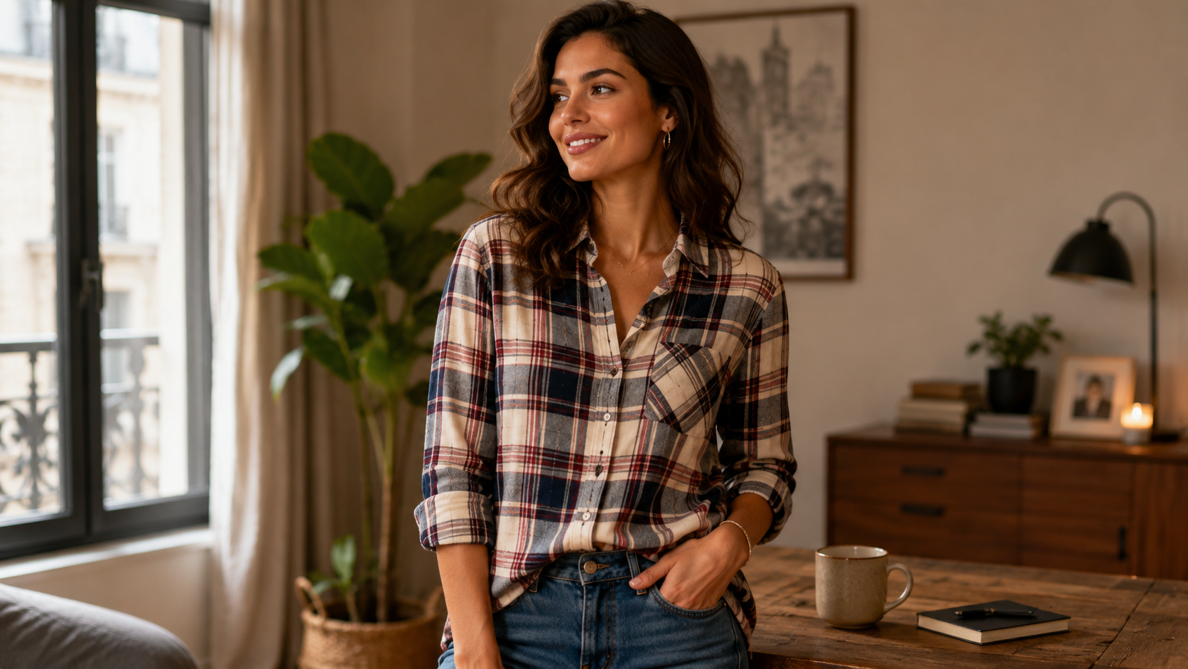 Femme portant une chemise à carreaux femme en coton
