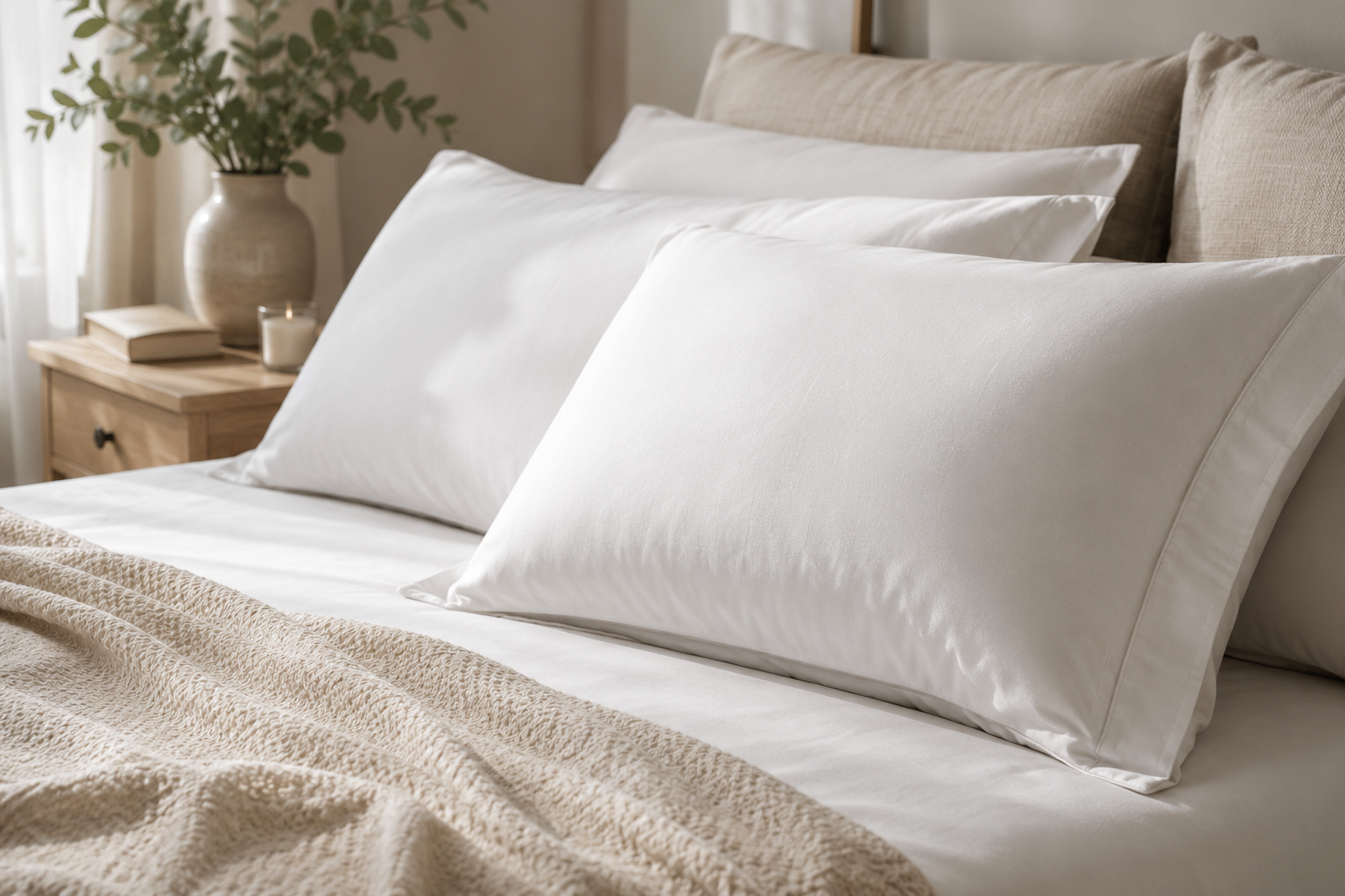 Taies d’oreiller blanches et coussins décoratifs dans une chambre élégante