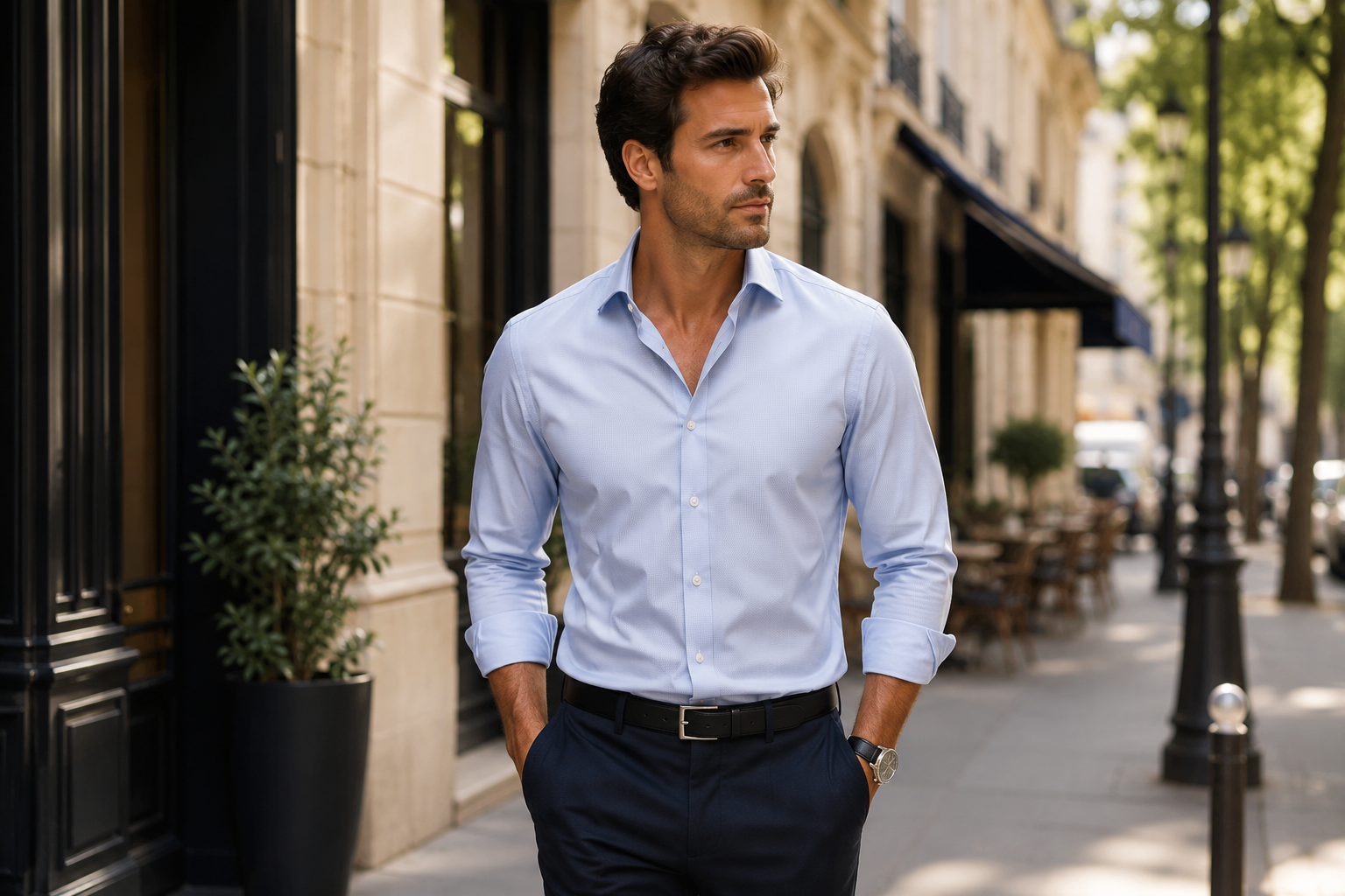 Homme portant une chemise bleu clair avec un pantalon sombre dans une rue parisienne, pour illustrer l’élégance masculine au quotidien.