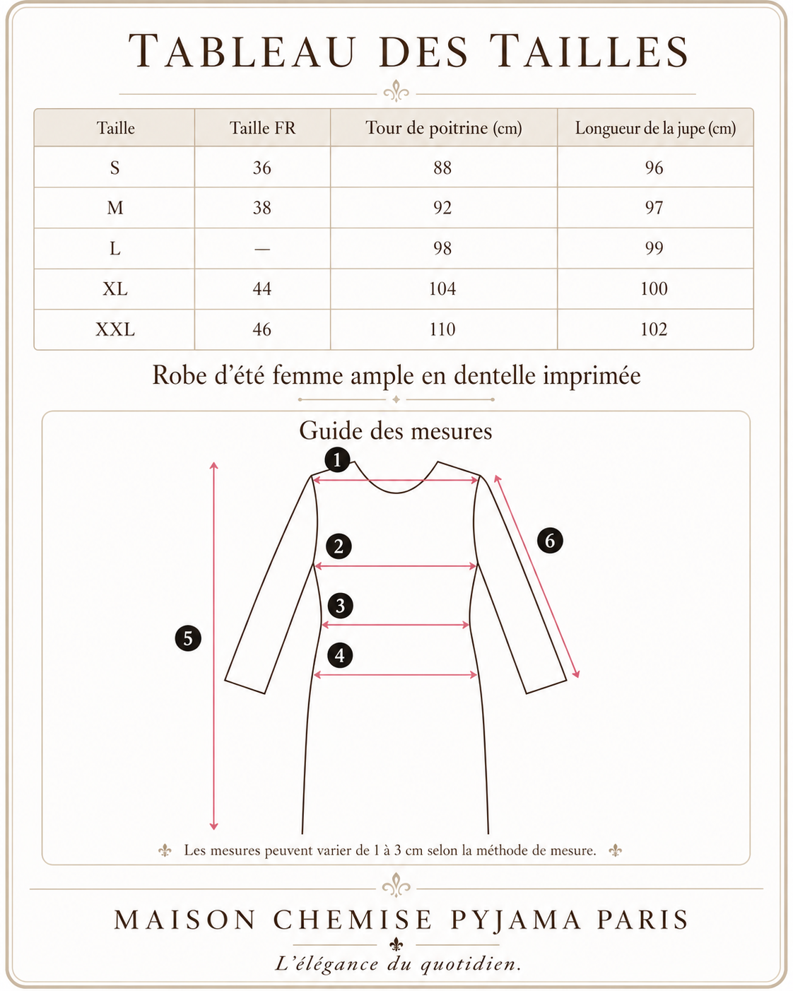 Tableau des tailles en cm pour robe midi d’été femme à rayures noires et blanches, avec tailles FR, tour de poitrine et longueur.