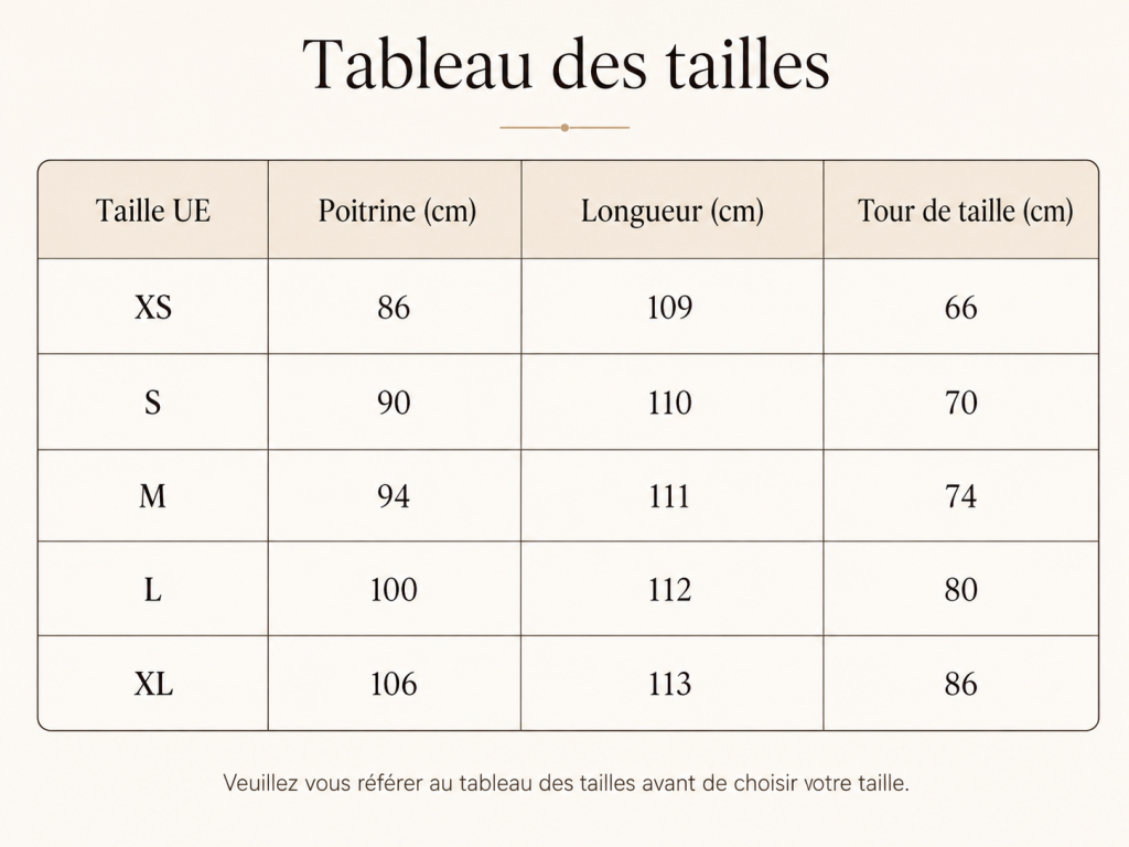 Tableau des tailles UE de la robe camisole femme avec mesures de poitrine, longueur et tour de taille en centimètres.