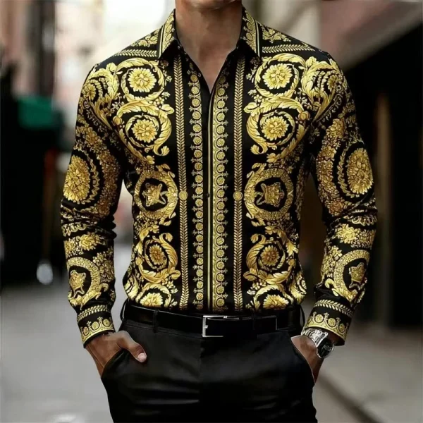 Chemise homme baroque noire et or à manches longues avec motifs décoratifs dorés
