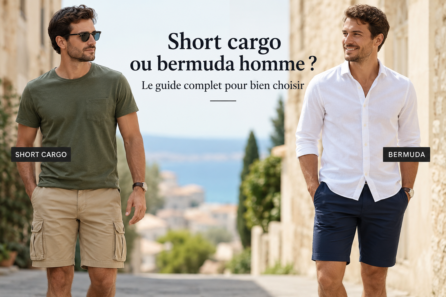 Deux hommes portant un short cargo beige et un bermuda bleu marine dans une tenue estivale élégante.