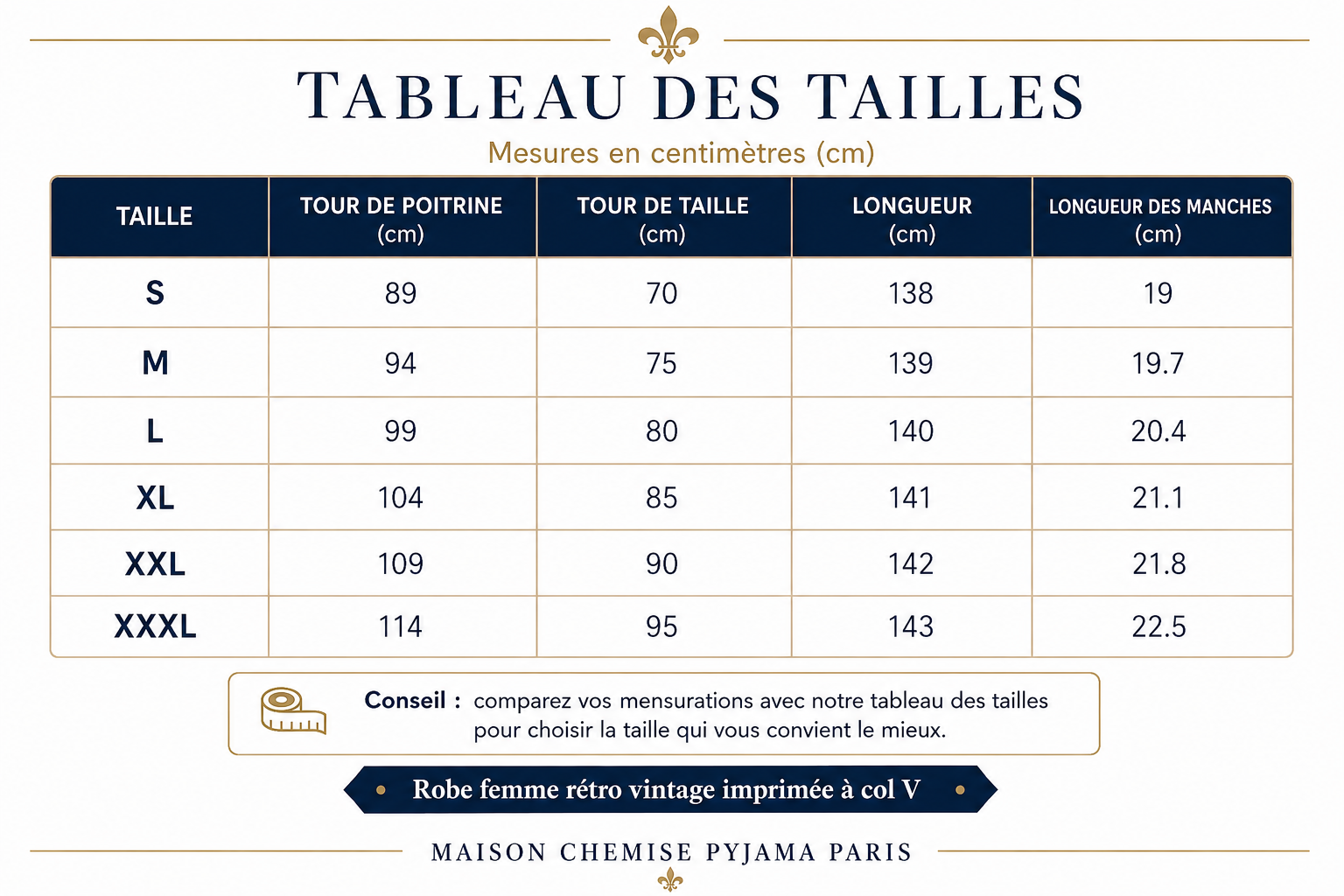 Tableau des tailles en cm de la robe femme rétro vintage imprimée à col V