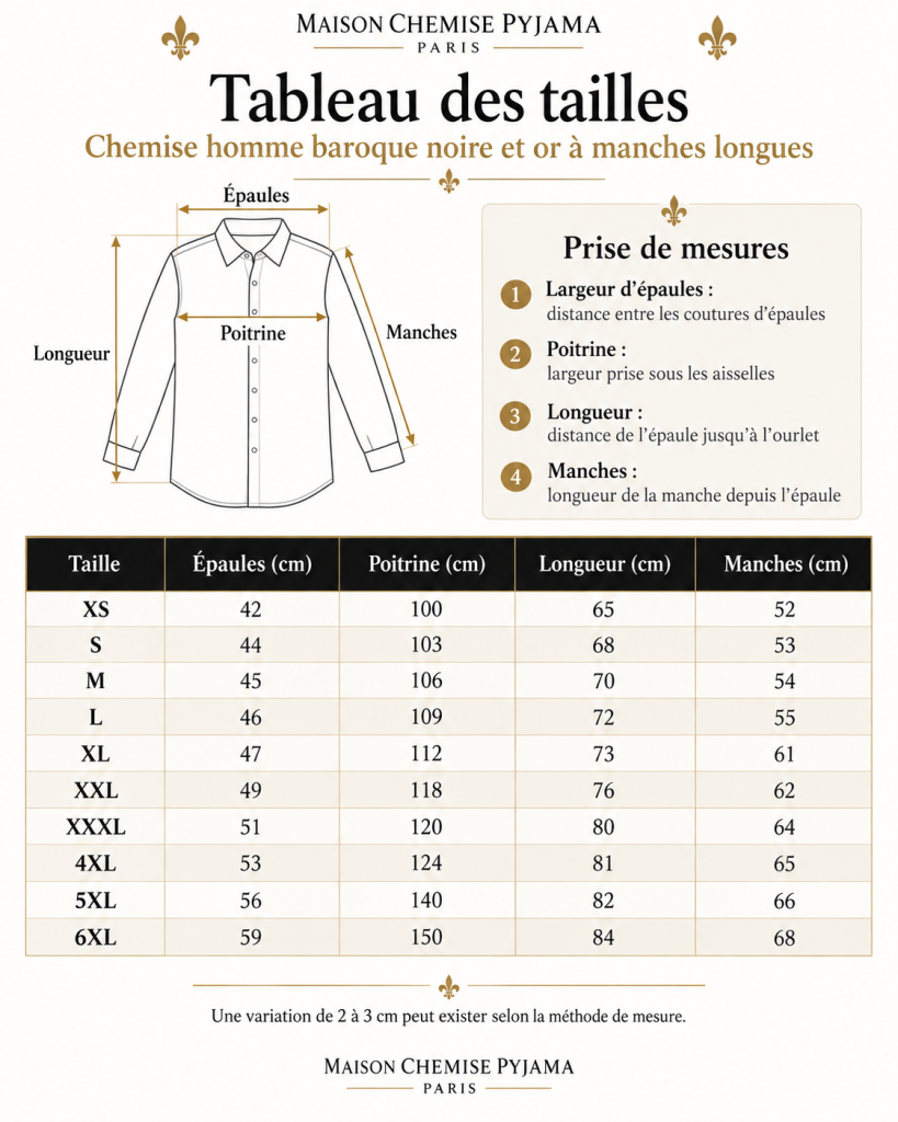 Tableau des tailles en cm de la chemise homme baroque noire et or à manches longues, du XS au 6XL